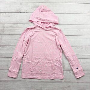Champion Girls Hoodie Shirt Pink All Over Logo Print Lightweight Pullover L